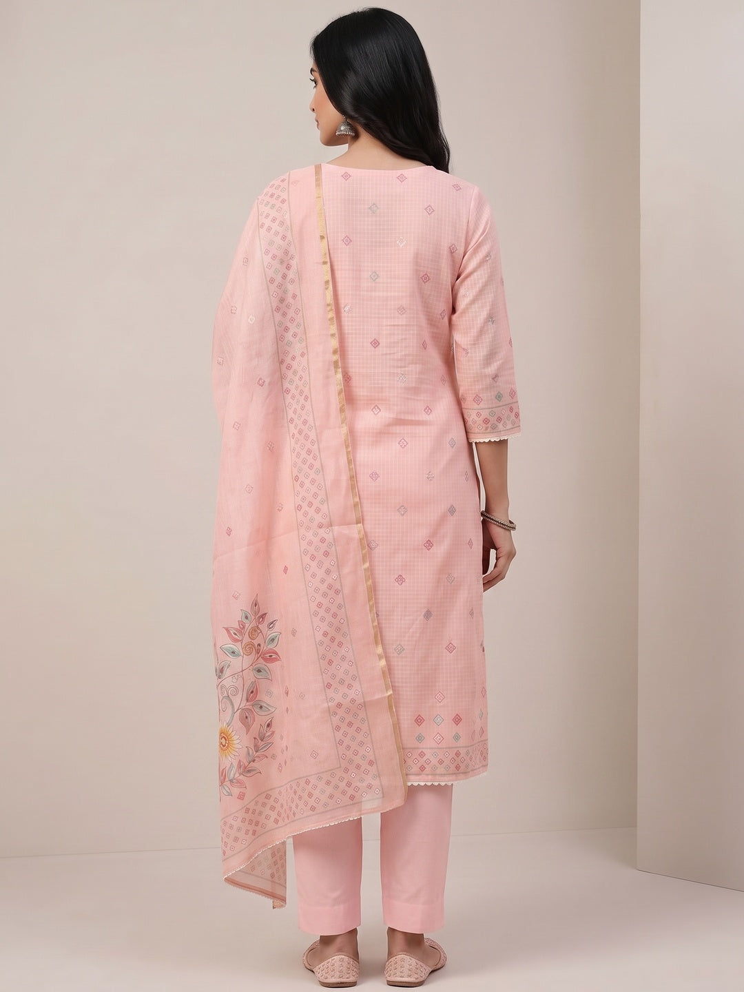 Peachmode Pink Kota Doria Dress Material with Floral - Image 3