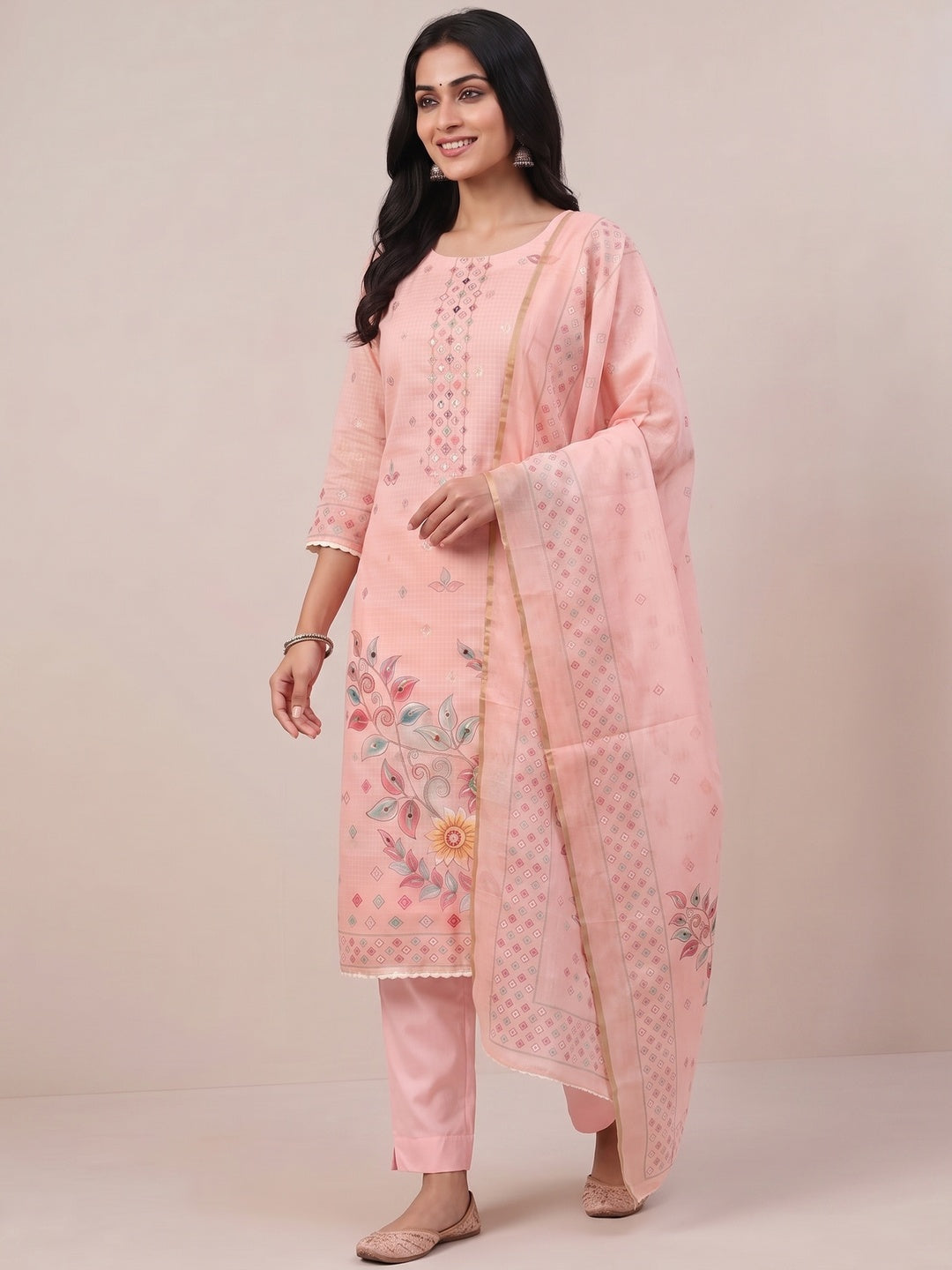 Peachmode Pink Kota Doria Dress Material with Floral - Image 5