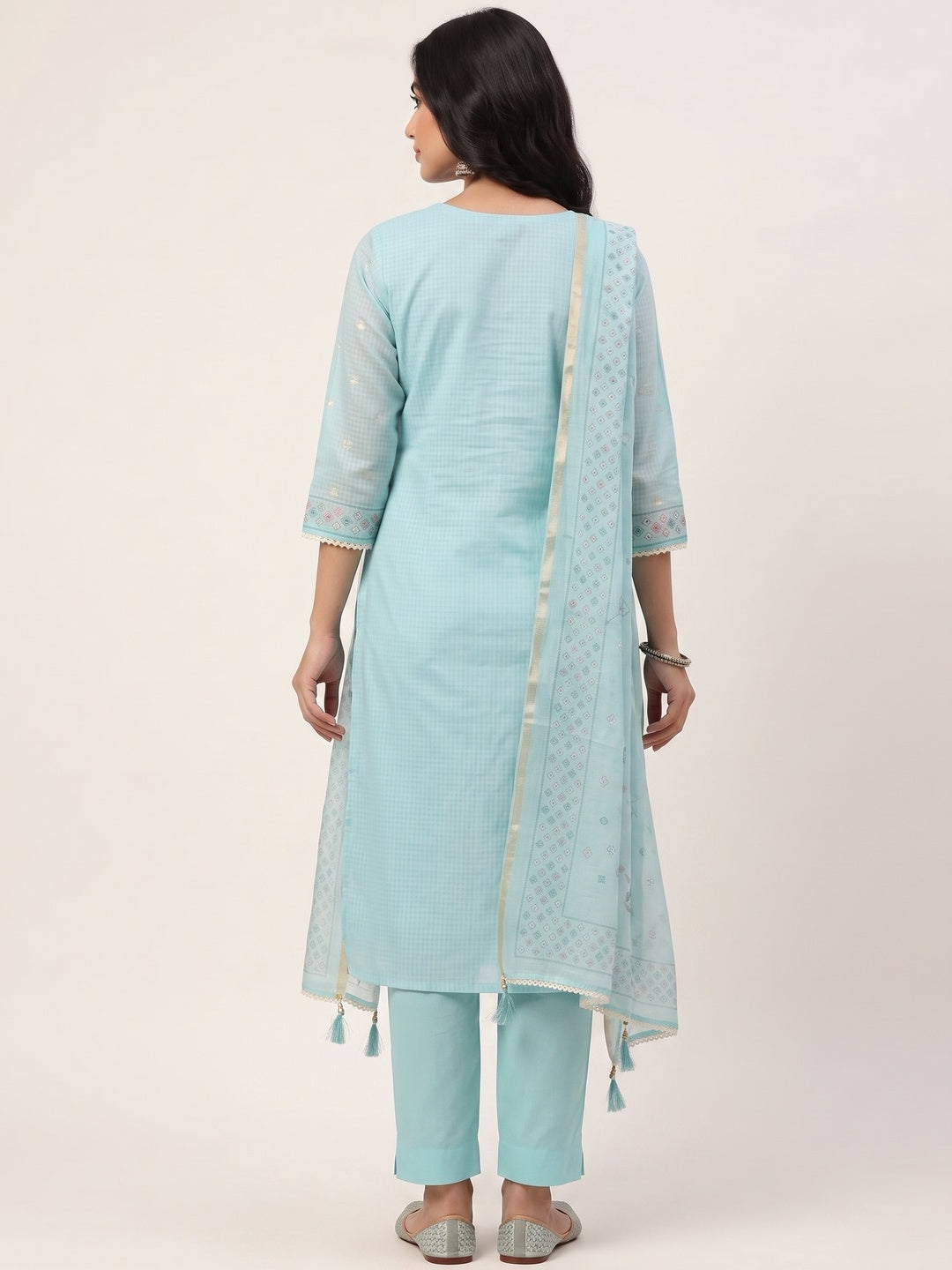 Peachmode Turquoise Kota Doria Dress Material with Floral Print - Image 3
