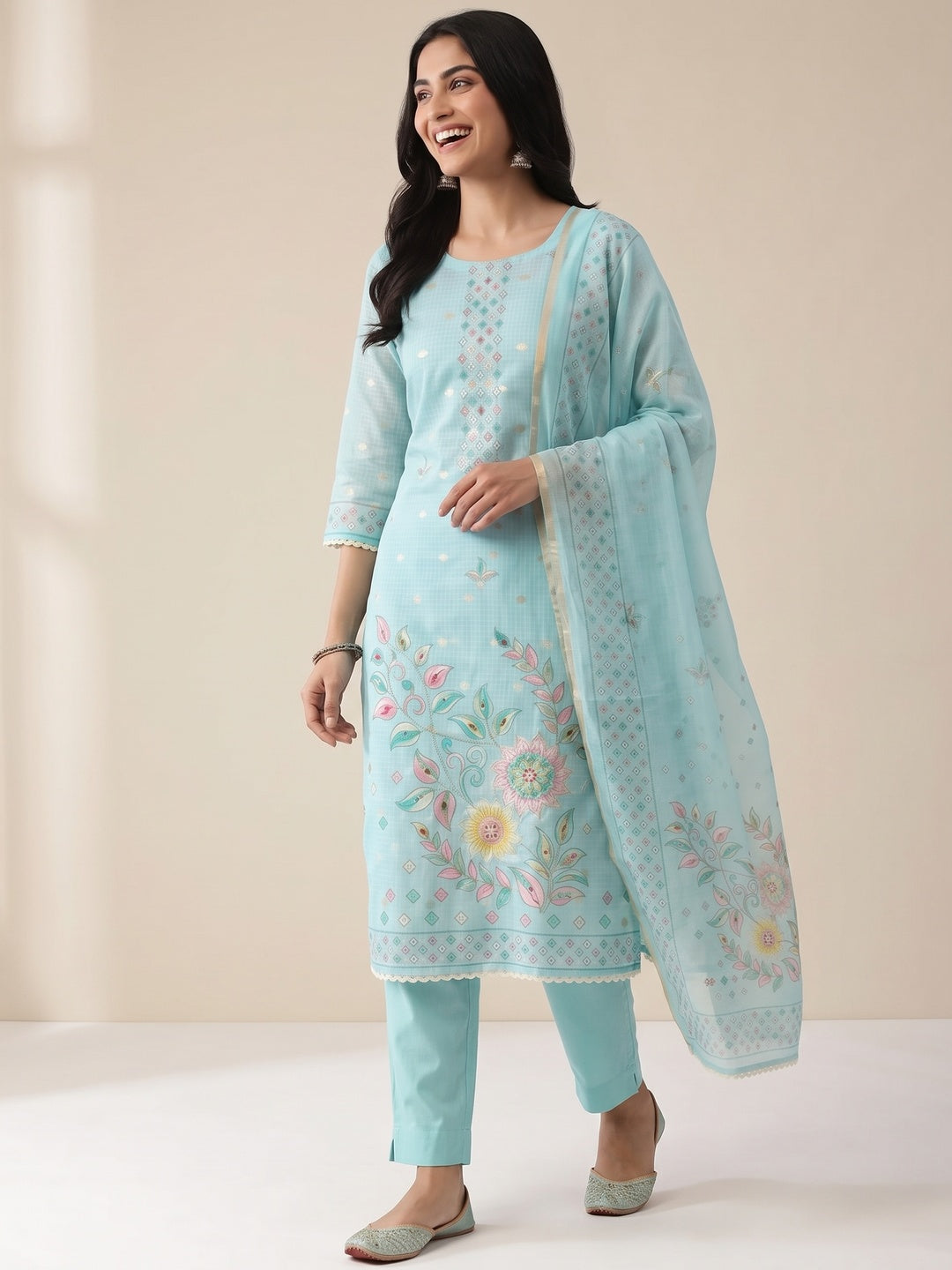 Peachmode Turquoise Kota Doria Dress Material with Floral Print - Image 5