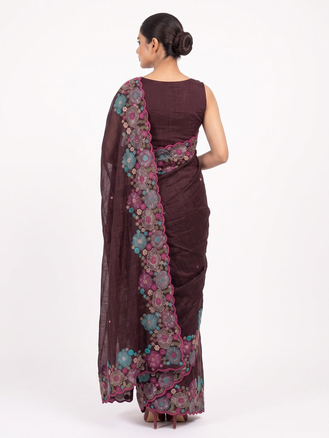 Wine Sheer Chiffon Saree with Artistic Floral Sequins Work - Image 2