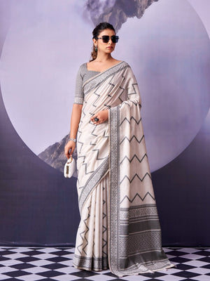 Peachmode Off White Black Geometric Cotton Saree - Image 1