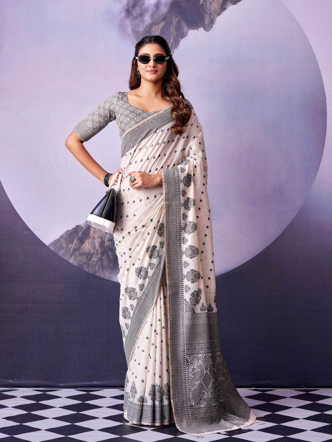 Peachmode Off White Black Floral Cotton Saree - Image 1