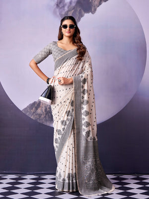 Peachmode Off White Black Floral Cotton Saree - Image 1