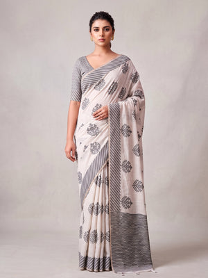 Peachmode Off White Black Floral Cotton Saree - Image 2