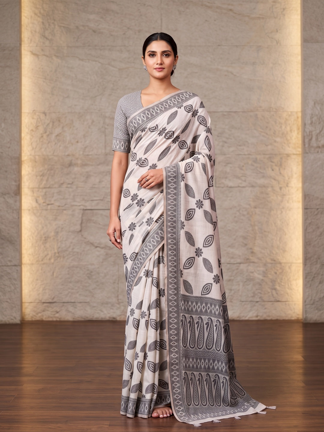 Peachmode Off White Black Geometric Cotton Saree - Image 2