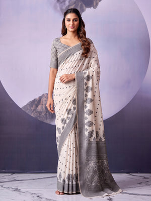 Peachmode Off White Black Floral Cotton Saree - Image 2