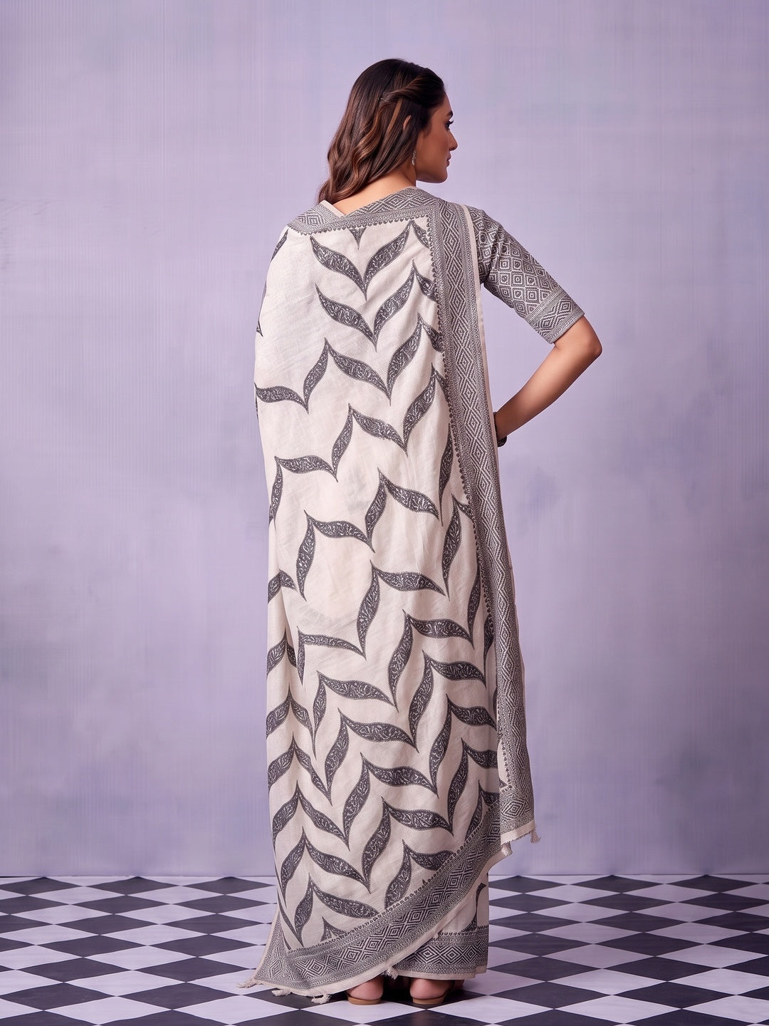Peachmode Off White Black Printed Cotton Saree - Image 3