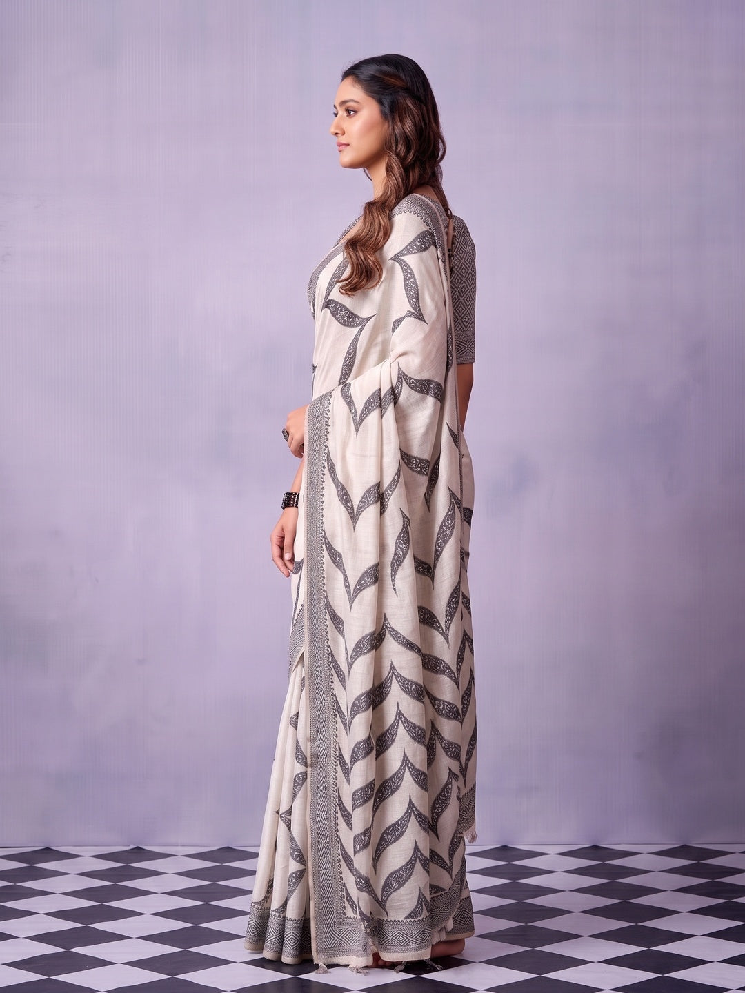 Peachmode Off White Black Printed Cotton Saree - Image 4