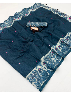 Peachmode Black Digital Printed Linen Cotton Saree - Image 2