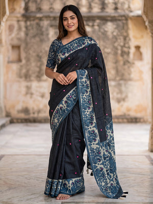 Peachmode Black Digital Printed Linen Cotton Saree - Image 1
