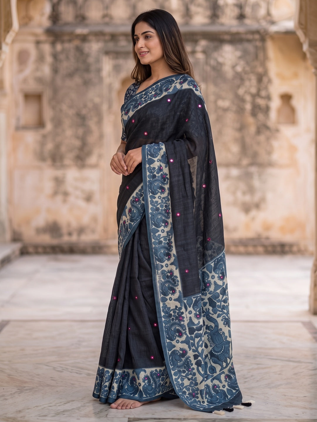 Peachmode Black Digital Printed Linen Cotton Saree - Image 5