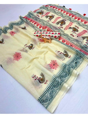 Peachmode Off White Digital Printed Linen Cotton Saree - Image 2