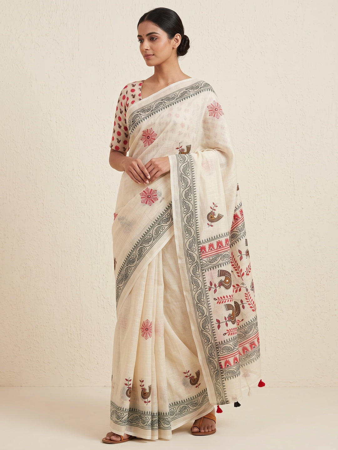 Peachmode Off White Digital Printed Linen Cotton Saree - Image 1
