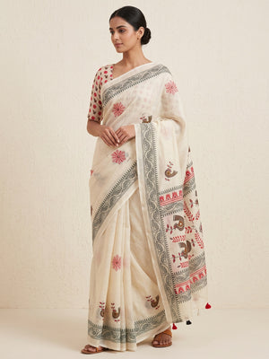 Peachmode Off White Digital Printed Linen Cotton Saree - Image 1