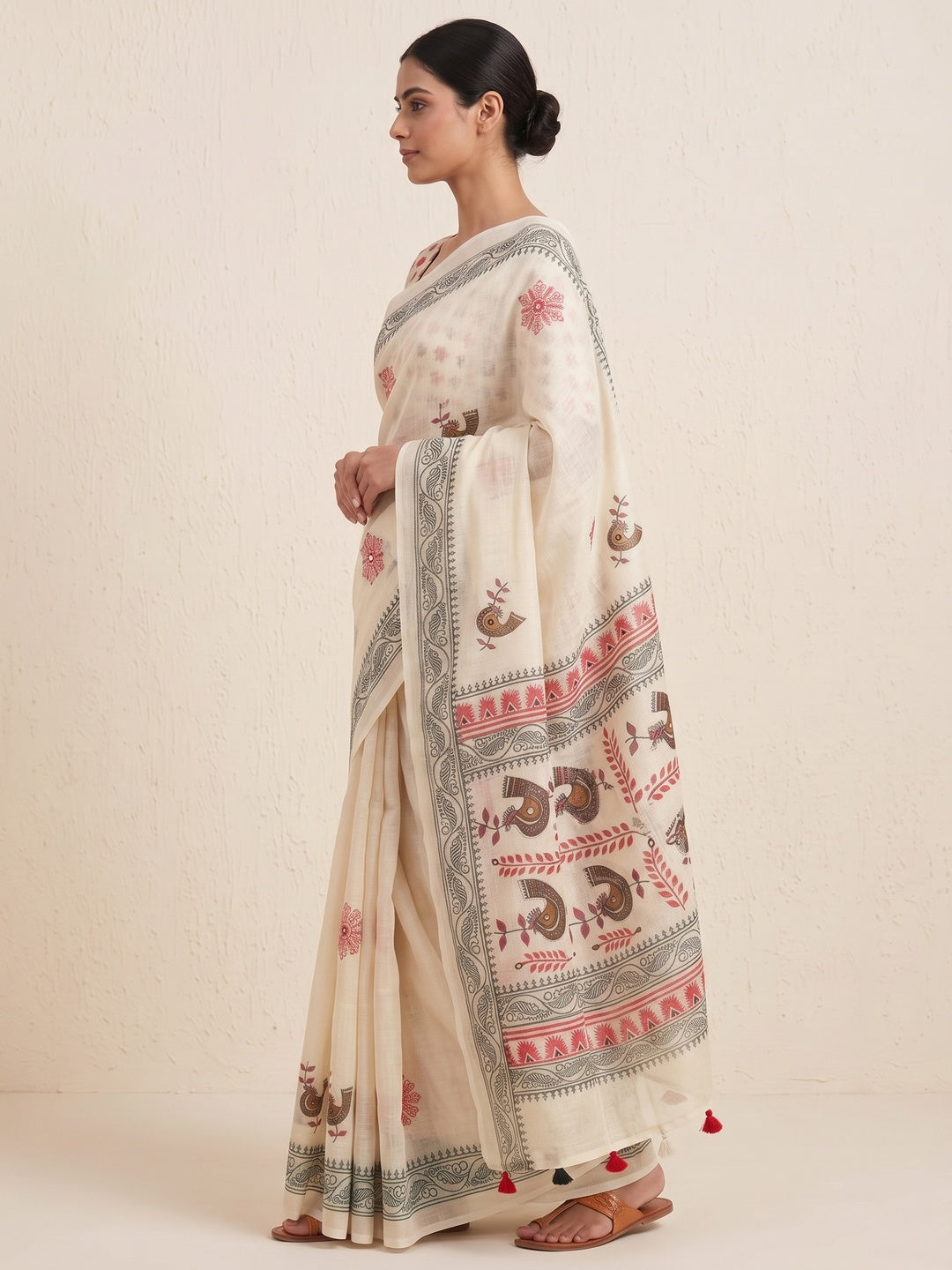 Peachmode Off White Digital Printed Linen Cotton Saree - Image 4