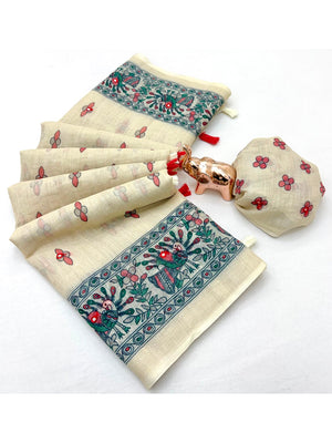 Peachmode Off White Kalamkari Print Linen Cotton Saree - Image 2