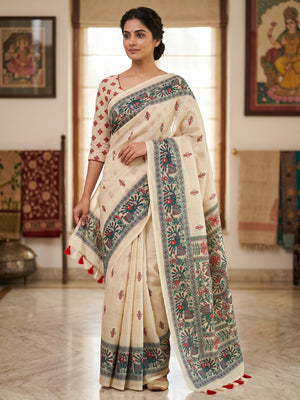 Peachmode Off White Kalamkari Print Linen Cotton Saree - Image 1