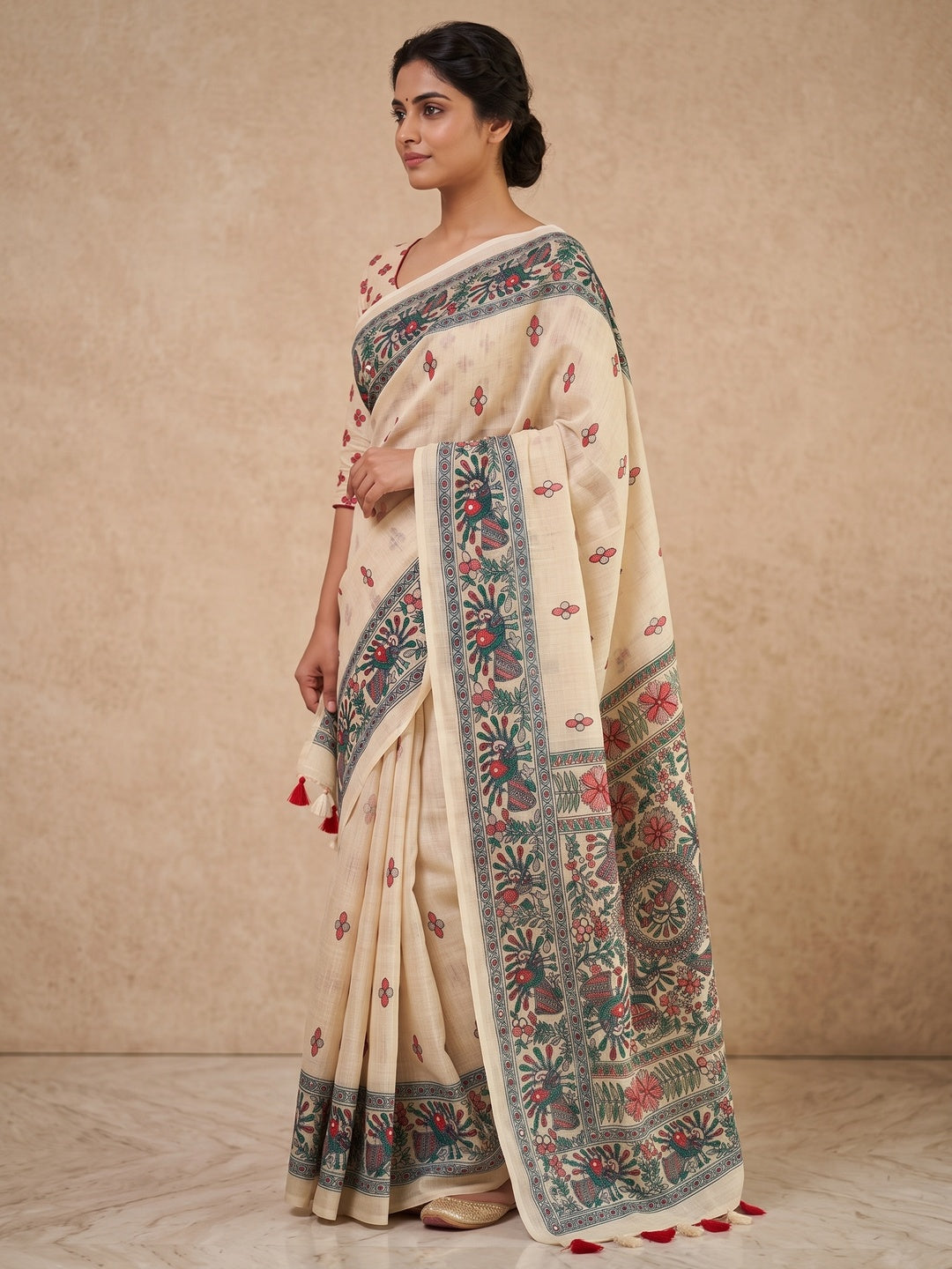 Peachmode Off White Kalamkari Print Linen Cotton Saree - Image 4