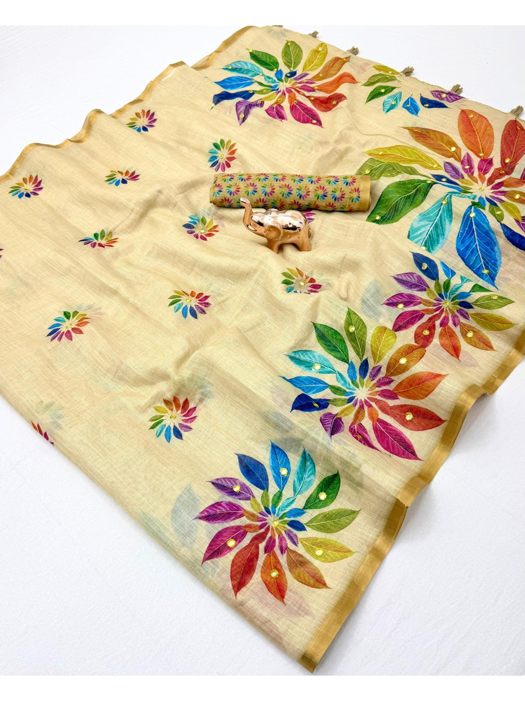 Peachmode Beige Kalamkari Print Linen Cotton Saree - Image 2