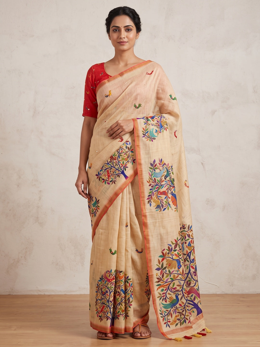 Peachmode Beige Ethnic Print Linen Cotton Saree - Image 1