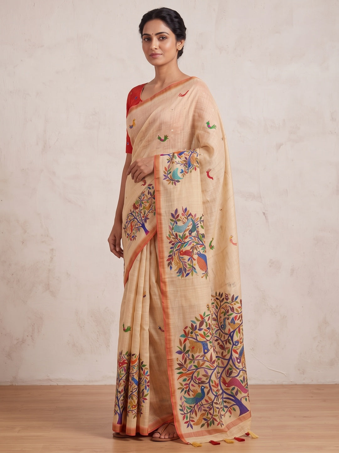 Peachmode Beige Ethnic Print Linen Cotton Saree - Image 5