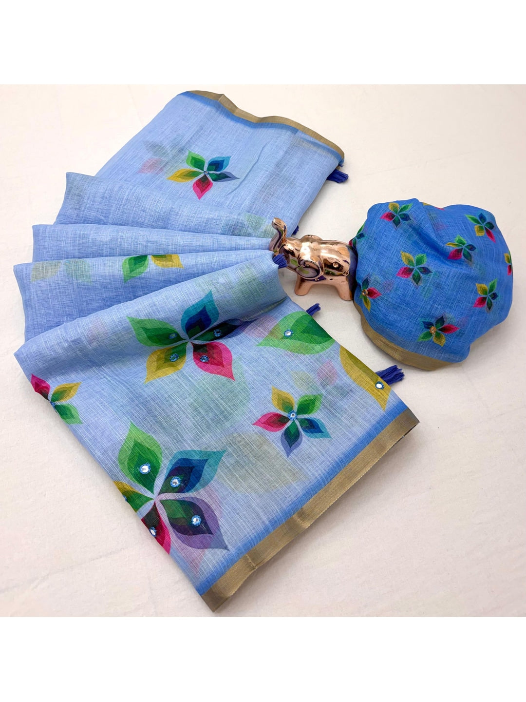 Peachmode Blue Kalamkari Print Linen Cotton Saree - Image 3