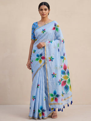 Peachmode Blue Kalamkari Print Linen Cotton Saree - Image 1