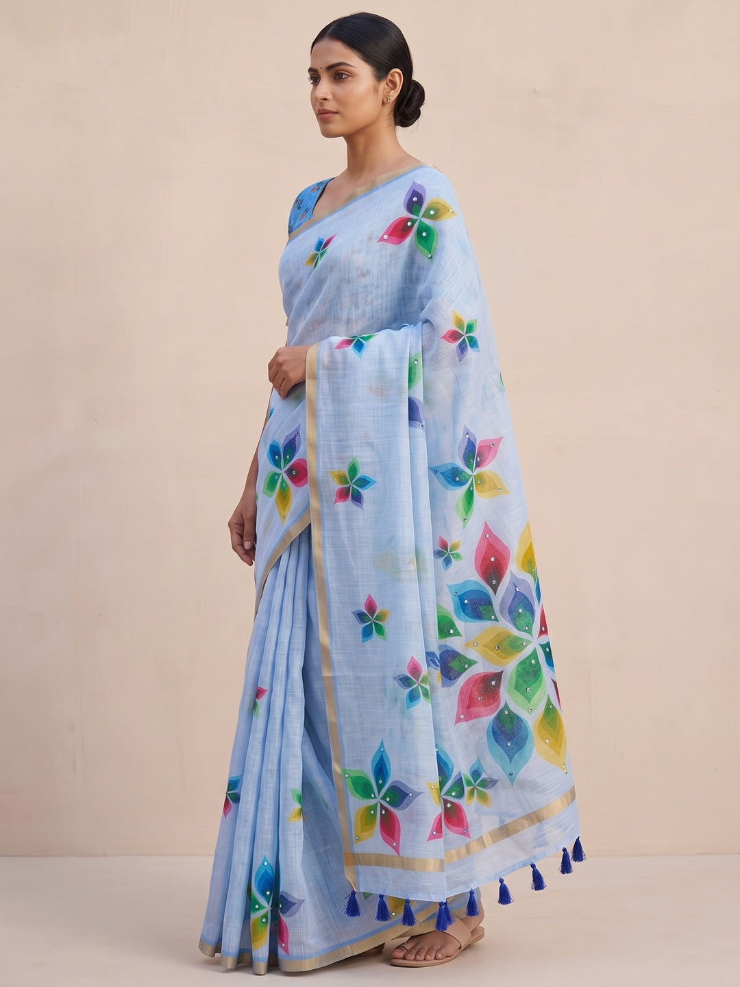 Peachmode Blue Kalamkari Print Linen Cotton Saree - Image 4