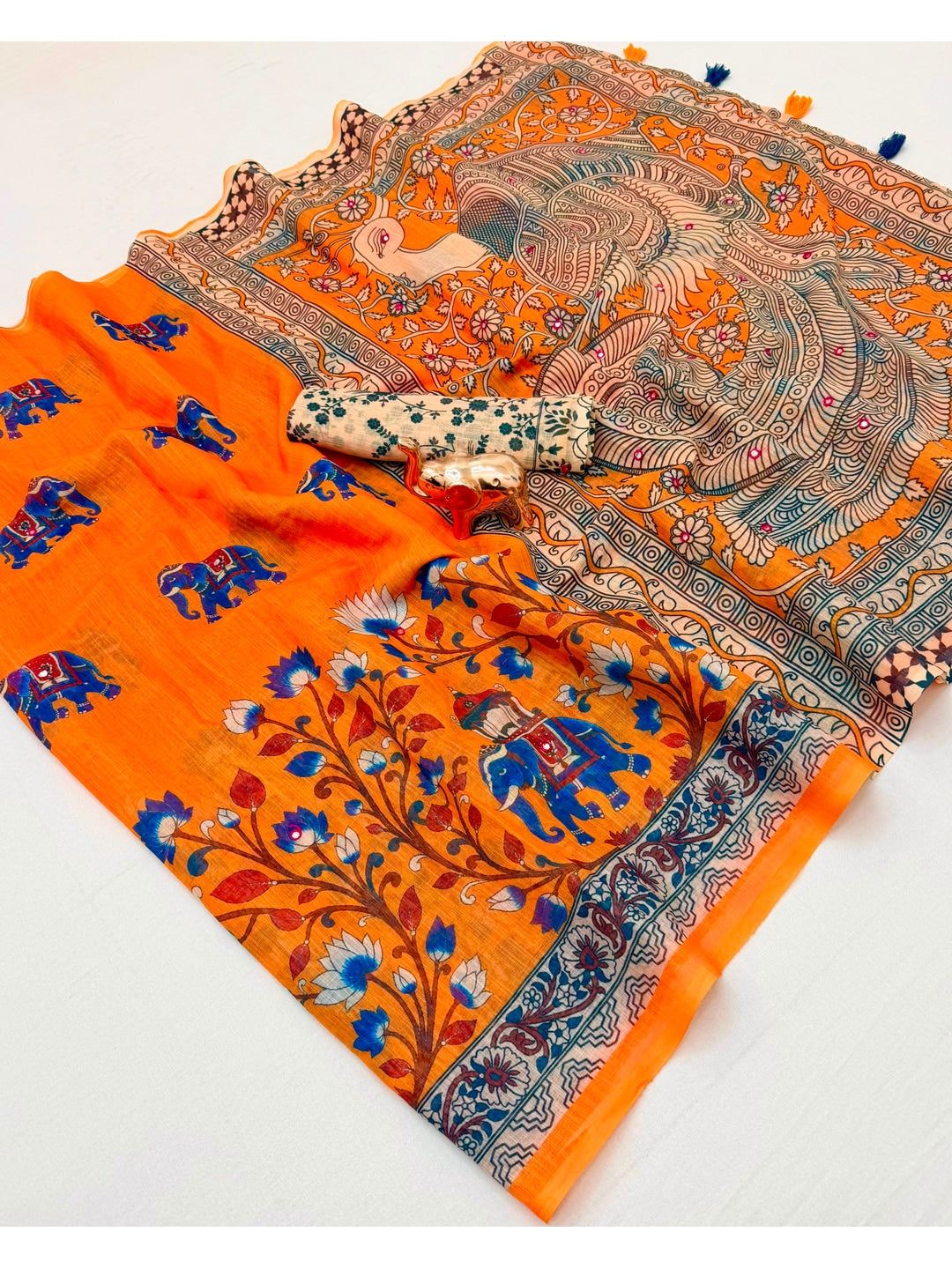 Peachmode Orange Kalamkari Print Linen Cotton Saree - Image 2