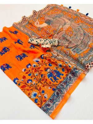 Peachmode Orange Kalamkari Print Linen Cotton Saree - Image 2