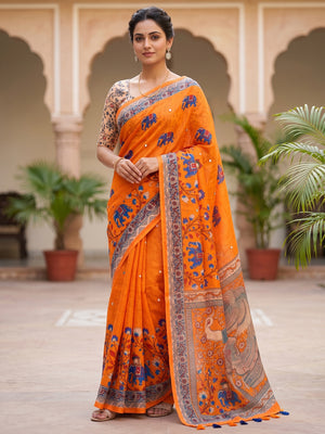 Peachmode Orange Kalamkari Print Linen Cotton Saree - Image 1