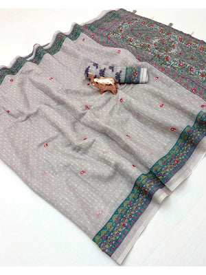 Peachmode Grey Madhubani Print Linen Cotton Saree - Image 2