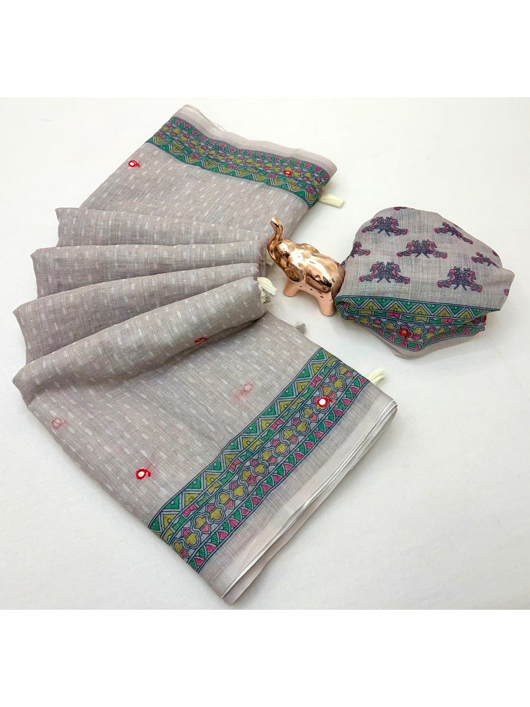 Peachmode Grey Madhubani Print Linen Cotton Saree - Image 3