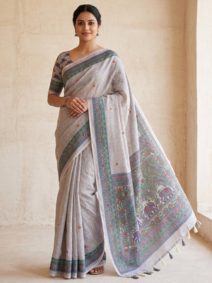 Peachmode Grey Madhubani Print Linen Cotton Saree - Image 1