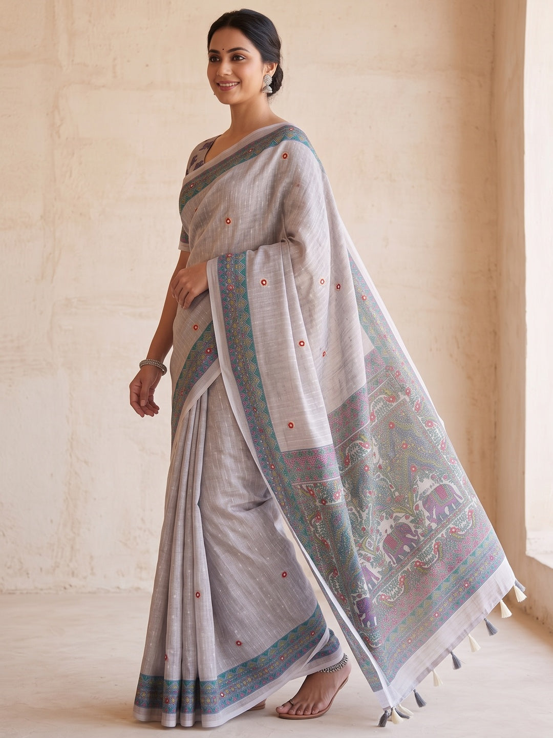 Peachmode Grey Madhubani Print Linen Cotton Saree - Image 4