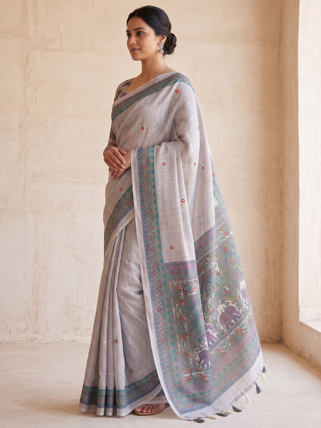 Peachmode Grey Madhubani Print Linen Cotton Saree - Image 5