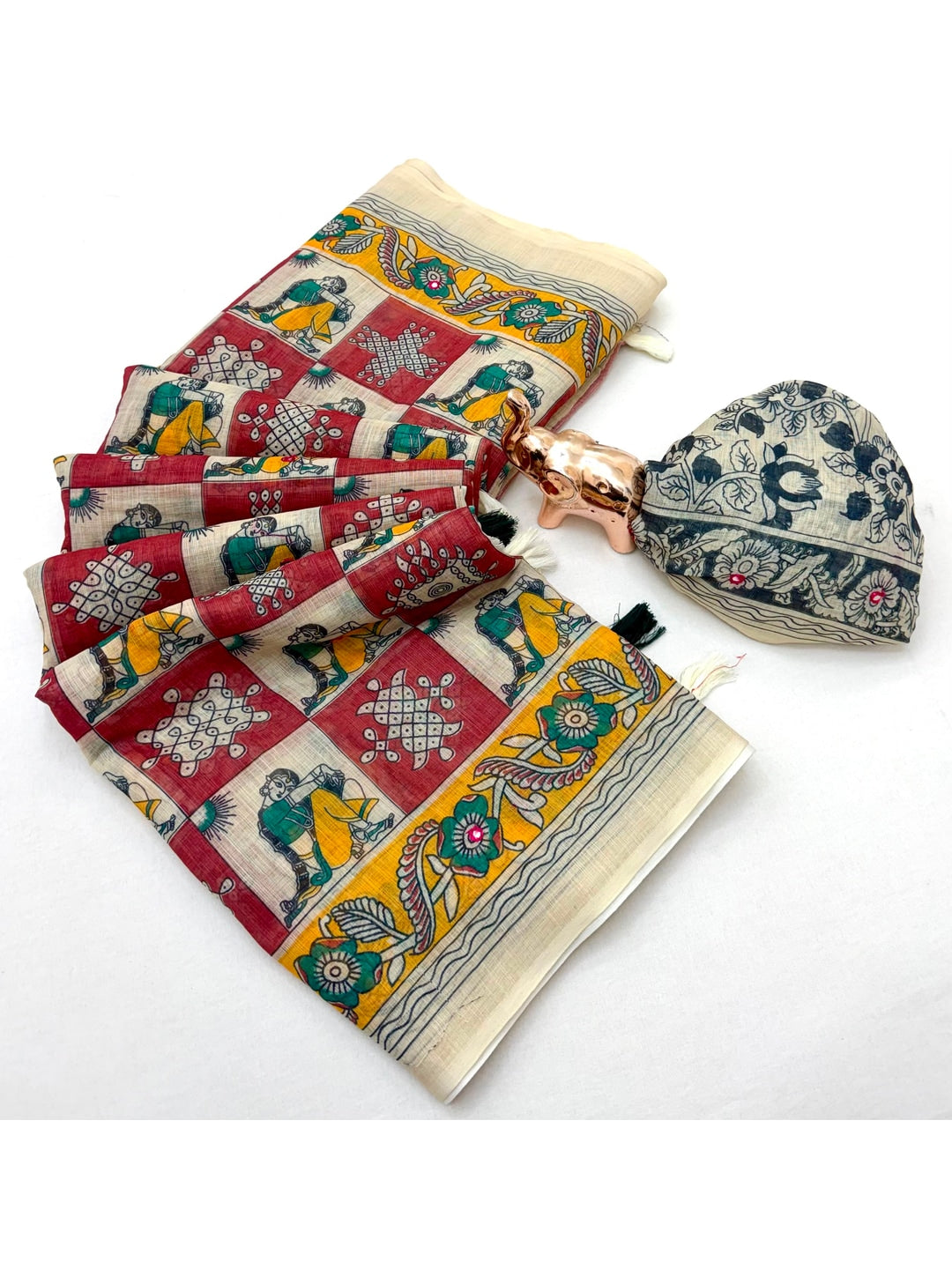 Peachmode Red Kalamkari Print Linen Cotton Saree - Image 2