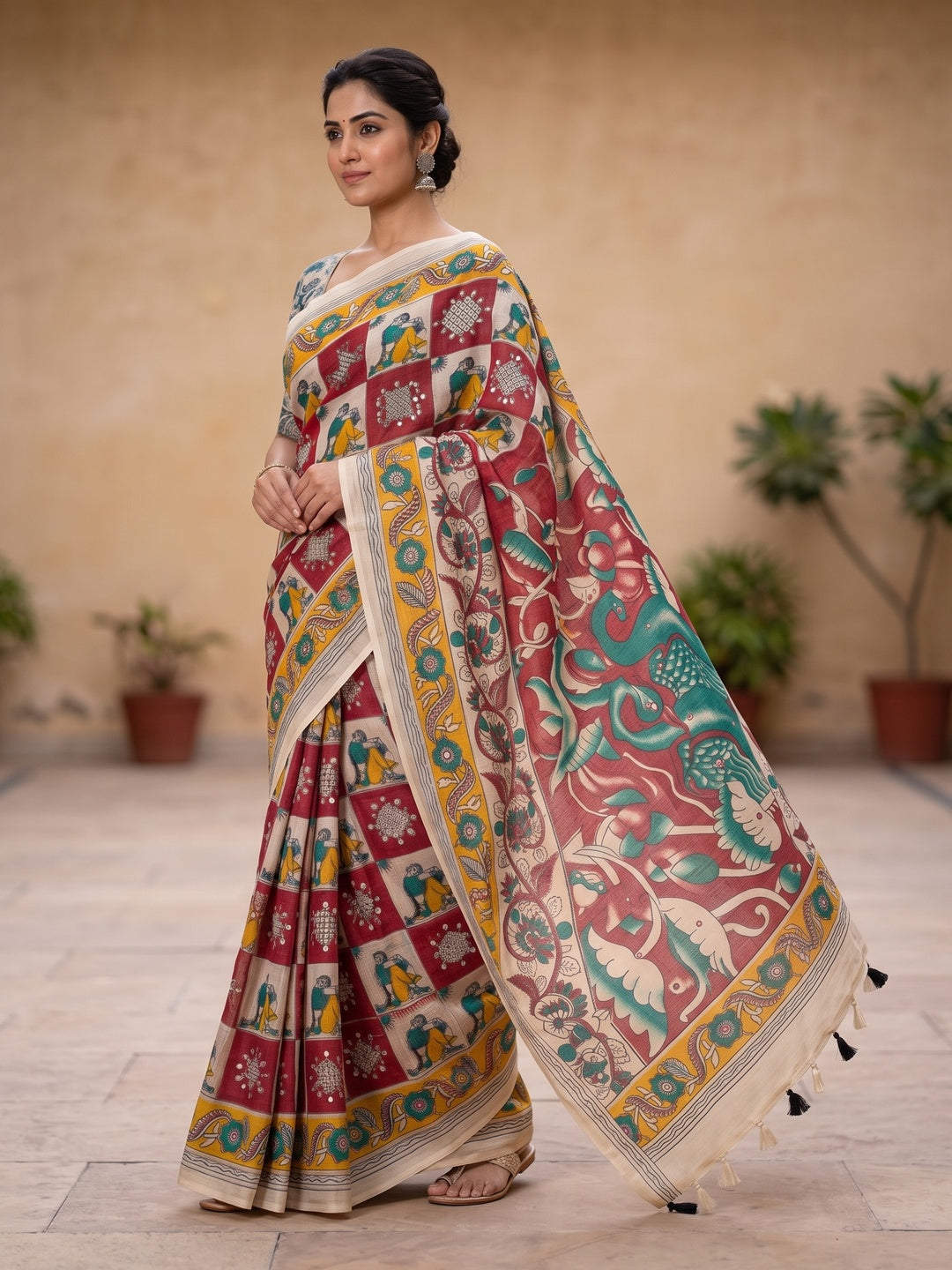 Peachmode Red Kalamkari Print Linen Cotton Saree - Image 4
