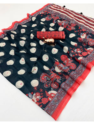 Peachmode Black Red Digital Printed Linen Cotton Saree - Image 2
