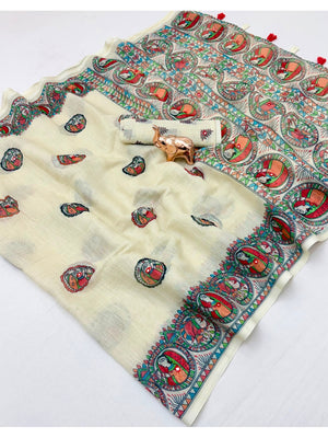 Peachmode Off White Madhubani Print Linen Cotton Saree - Image 2