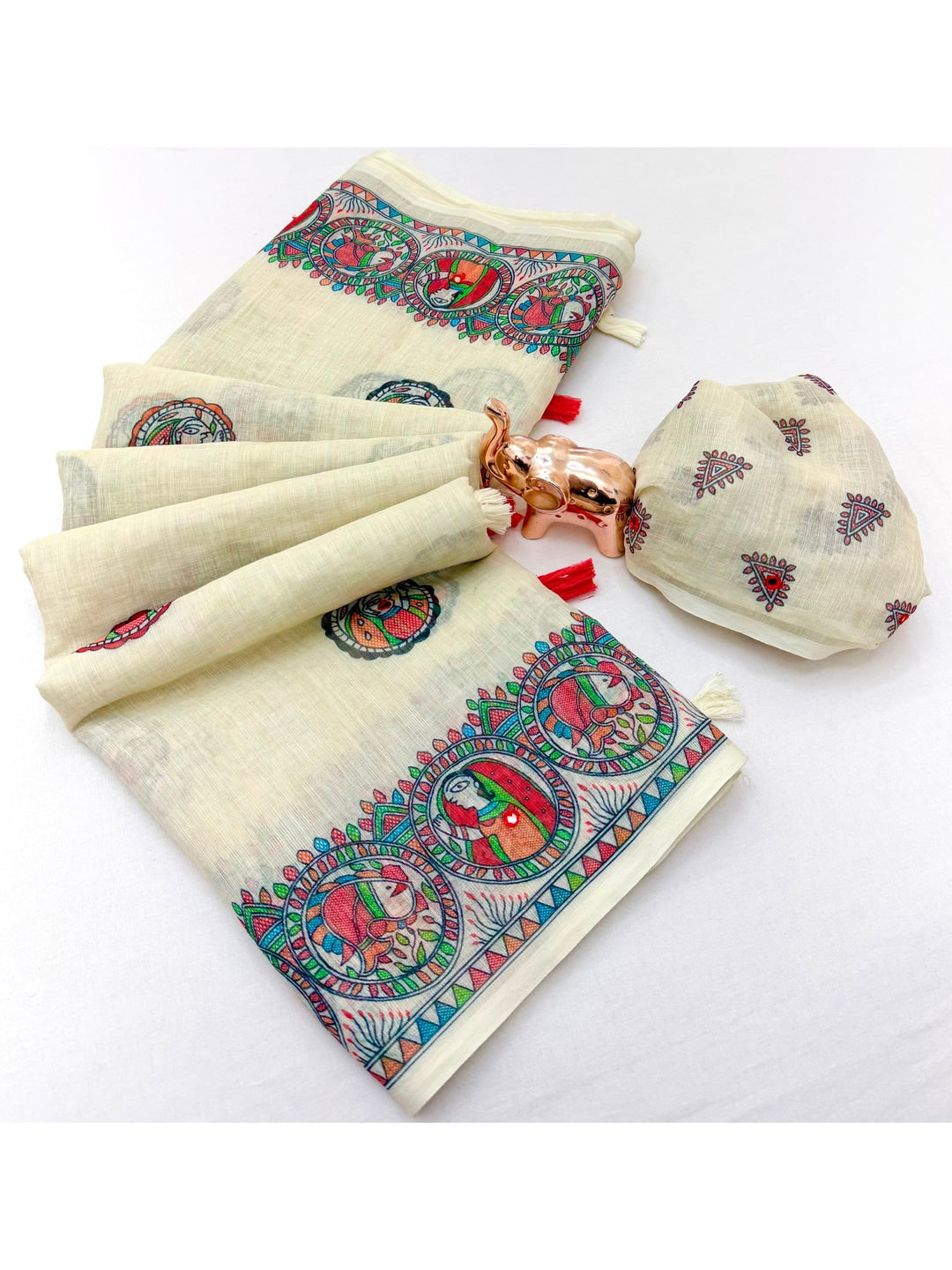 Peachmode Off White Madhubani Print Linen Cotton Saree - Image 3