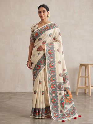 Peachmode Off White Madhubani Print Linen Cotton Saree - Image 1