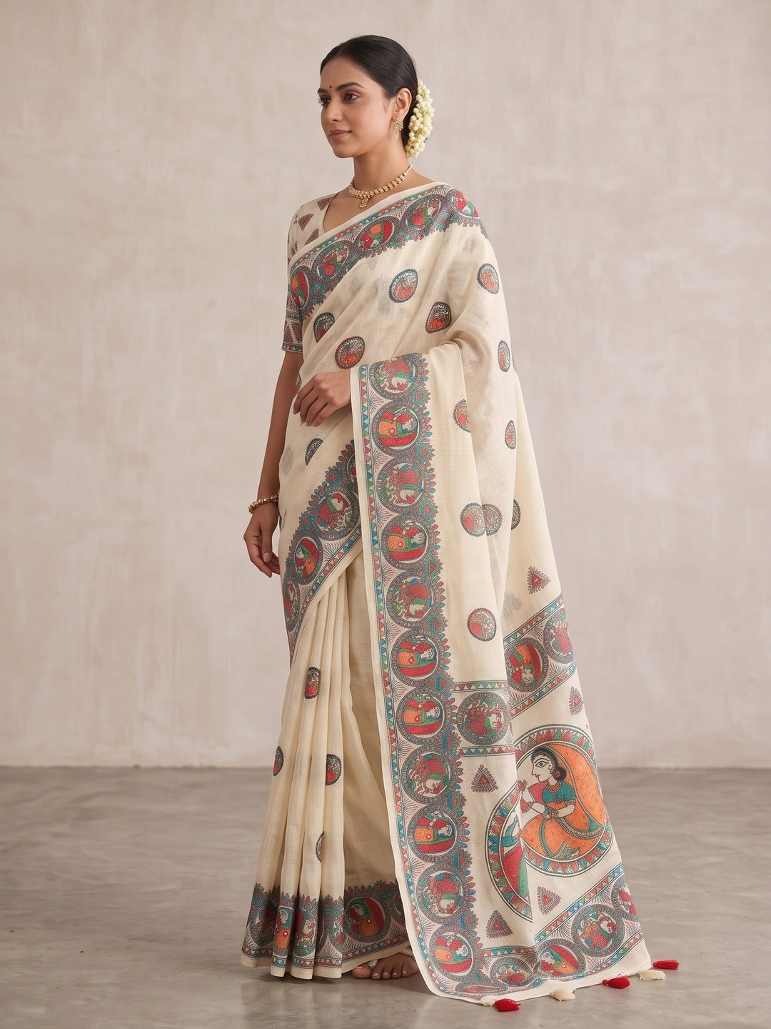 Peachmode Off White Madhubani Print Linen Cotton Saree - Image 4