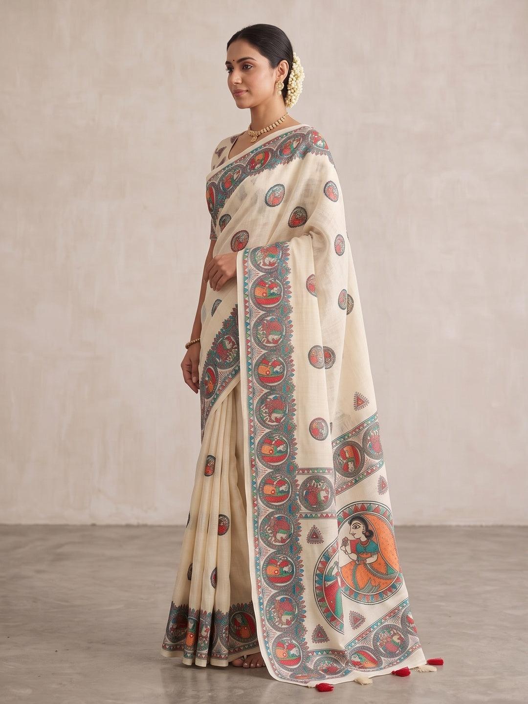 Peachmode Off White Madhubani Print Linen Cotton Saree - Image 5