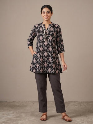 Black Rayon Floral Printed Short Top - Image 1