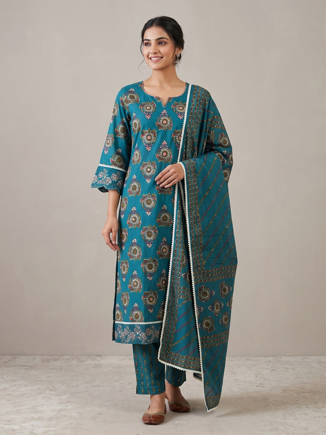 Peacock Blue Cotton Embroidered Salwar Suit Set - Image 1