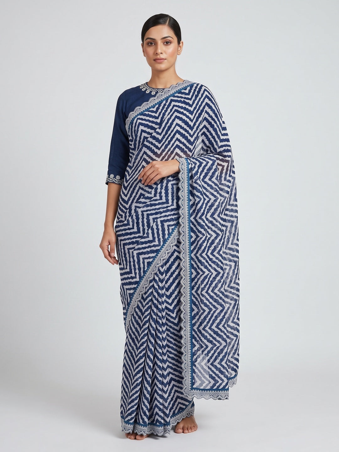 Peachmode Navy Blue Georgette Geometric Printed Saree - Image 1