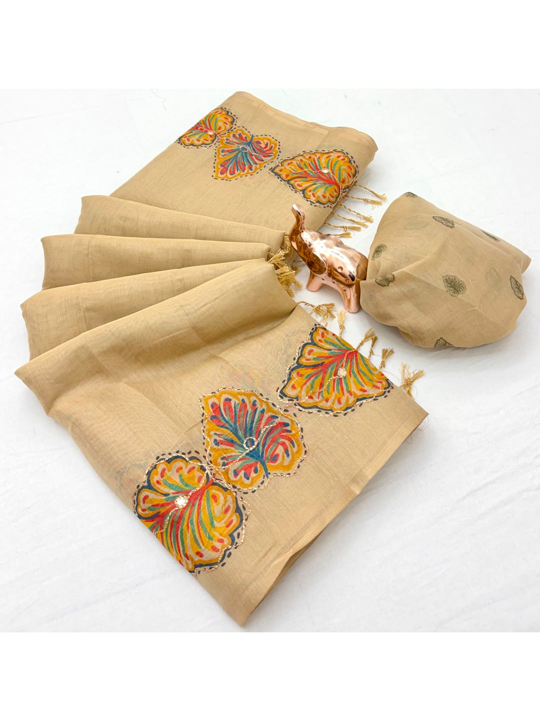 Peachmode Beige Tissue Silk Floral Embroidered Saree A - Image 3