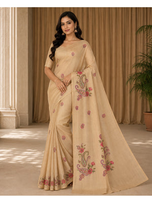 Peachmode Beige Tissue Silk Floral Embroidered Saree B - Image 1